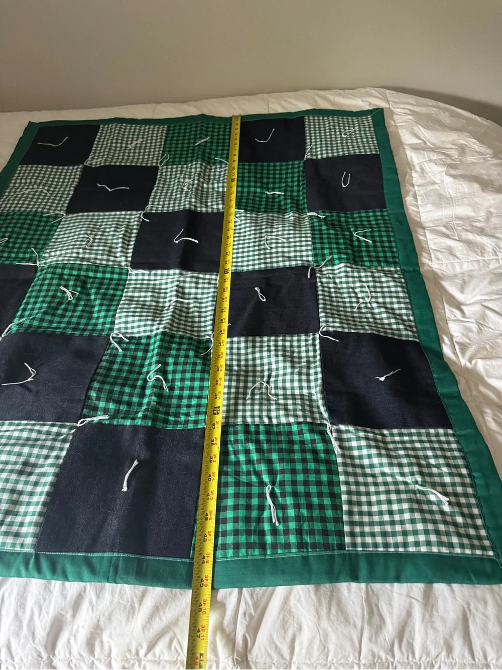 Handmade Green Patchwork Quilt 44x38 - Vintage Style Gingham Checkered Lap Quilt